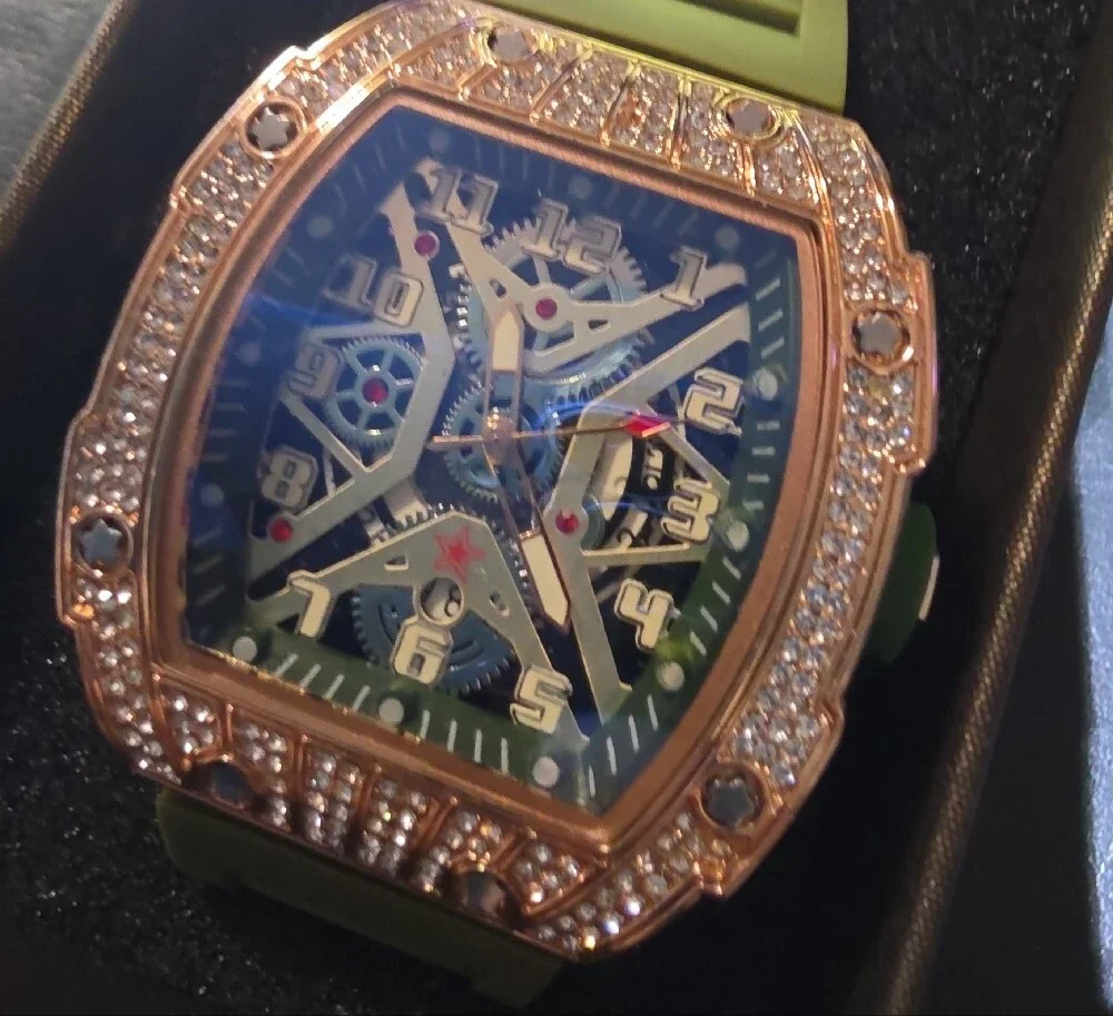 Rose Gold Diamond-Accent Olive Green Strap Mechanical Watch
